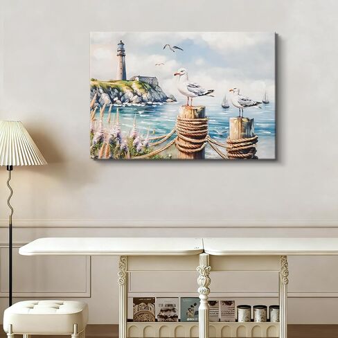 DRLWGTY Large Canvas Wall Art, Framed Vintage Coastal Wall Decor – Seagull by the Sea with Lighthouse and Waves,Hand-Painted Accent Details for Bedroom Living Room Office (Seagulls, 28*40 in, Wrapped Canvas) in Saudi Arabia