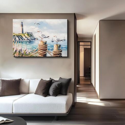 DRLWGTY Large Canvas Wall Art, Framed Vintage Coastal Wall Decor – Seagull by the Sea with Lighthouse and Waves,Hand-Painted Accent Details for Bedroom Living Room Office (Seagulls, 28*40 in, Wrapped Canvas) in Saudi Arabia