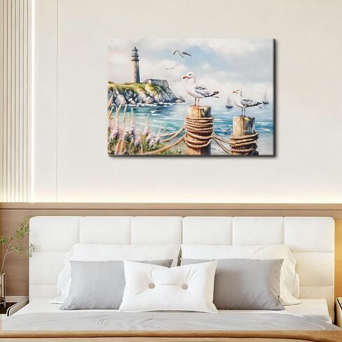 DRLWGTY Large Canvas Wall Art, Framed Vintage Coastal Wall Decor – Seagull by the Sea with Lighthouse and Waves,Hand-Painted Accent Details for Bedroom Living Room Office (Seagulls, 28*40 in, Wrapped Canvas) in Saudi Arabia
