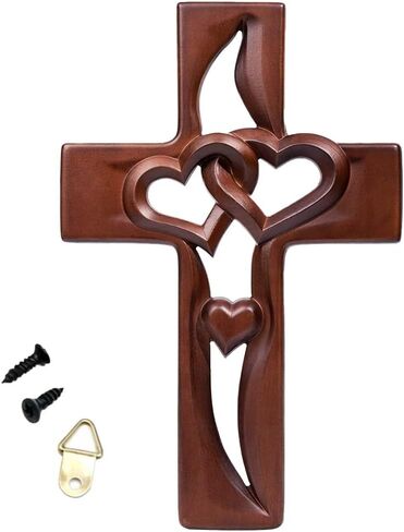 Marriage Cross for Wall Love Wall Decor Coffee Brown Handcarved Wooden Intertwined Heart Cross for Wedding Handmade Hanging Art Couple Gift 9.85 Inch in Kuwait