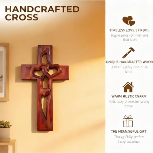 Marriage Cross for Wall Love Wall Decor Coffee Brown Handcarved Wooden Intertwined Heart Cross for Wedding Handmade Hanging Art Couple Gift 9.85 Inch in Kuwait