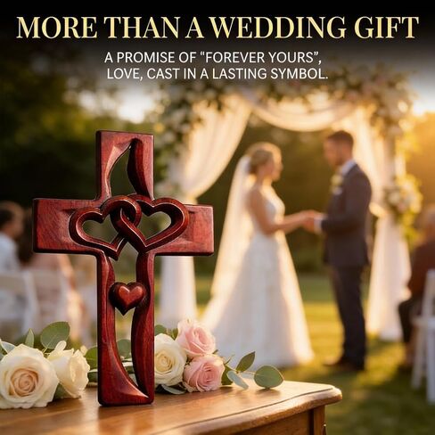 Marriage Cross for Wall Love Wall Decor Coffee Brown Handcarved Wooden Intertwined Heart Cross for Wedding Handmade Hanging Art Couple Gift 9.85 Inch in Kuwait