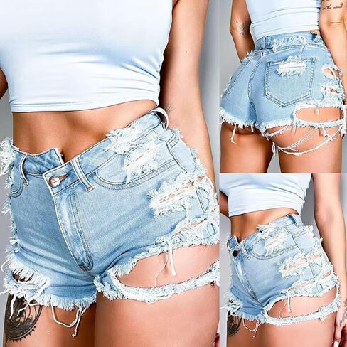 Women's Ripped Shorts, High Waisted Distressed Frayed Hem Denim Shorts, Retro Vintage Washed Fashion Sexy Hot Pants Shorts in Kuwait