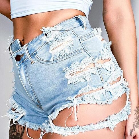 Women's Ripped Shorts, High Waisted Distressed Frayed Hem Denim Shorts, Retro Vintage Washed Fashion Sexy Hot Pants Shorts in Kuwait