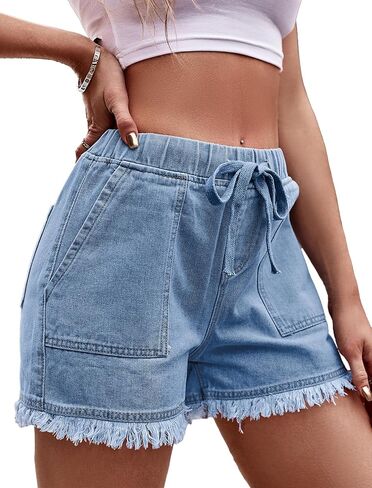 Jean Shorts Women High Waisted Drawstring Pull On Frayed Elastic Waist Summer Stretchy Denim Shorts Wide Leg Jorts in Kuwait