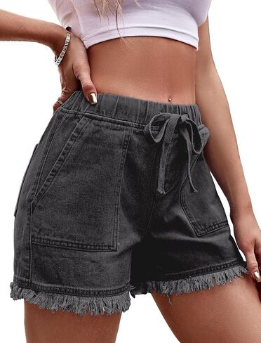 Jean Shorts Women High Waisted Drawstring Pull On Frayed Elastic Waist Summer Stretchy Denim Shorts Wide Leg Jorts in Kuwait