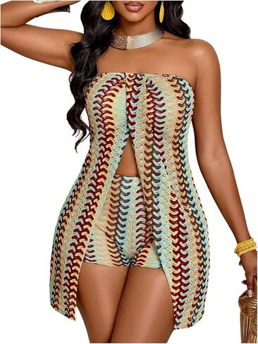 GORGLITTER Women's Boho Vacation Outfits Rainbow Striped Strapless Split Tube Tops Mini Shorts Summer Going Out Sets in Kuwait