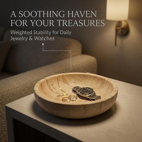 Natural Marble Travertine Decorative Bowl: 7.8" Honed Yellow Stone Catch All Bowl for Keys Entryway Table - Organic Modern Centerpiece Key Dish for Coffee Table Decor, Bedside Ring Jewelry Holder Tray in Saudi Arabia