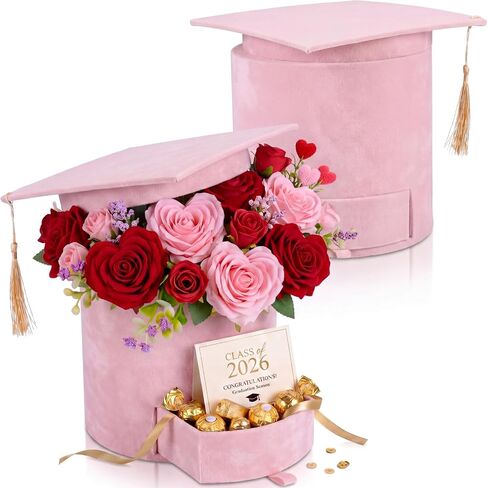 Supervitae 2 Pcs Velvet Graduation Cap Flower Boxes Black Graduation Gift Candy Box with Drawer 7 x 7 x 6.5 Inches for Luxury Gift Arrangement Grad Ceremony Party Activities Celebrations (Round) in Saudi Arabia