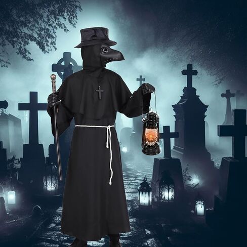 Adult Plague Doctor Costume Men Halloween Medival Steampunk Leatherface Costume with Mask Cane Hat Gloves Belt in Saudi Arabia