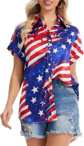 Short Sleeve Shirts for Women V Neck Cuffed Sleeved Collared Button Down Shirt Casual Summer Tops Loose Blouse in Saudi Arabia