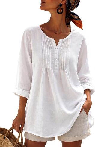 LUSMAY Women's 100% Cotton Blouse, Loose Fit Pleated Half Button Down Tunic Top, Casual 3/4 Sleeve Summer Shirt in Saudi Arabia