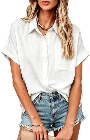 Spicy Sandia Women's Cotton Linen Semi-Sheer Short Sleeve Button Down Casual Shirts for Beach,Vacation,Resort Wear in Saudi Arabia
