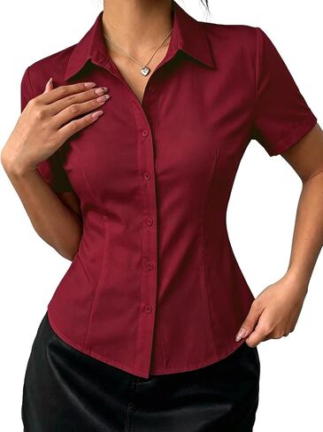 Women's Collar Button Down Shirt Short Sleeve Crop Blouse Shirt Top in Saudi Arabia