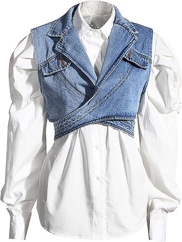 BAIMORE Women's 2 Piece Outfit Solid Button Down Puff Long Sleeve Shirt with Irregular Denim Vest Set in Saudi Arabia