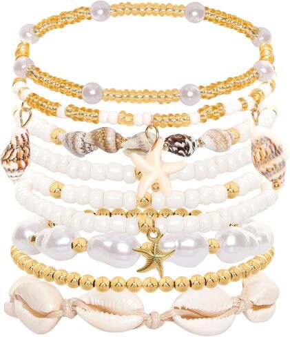 Boho Beach Bracelets Set for Women Shell Beaded Stretch Bracelets Multilayer Seashell Starfish Handmade Summer Jewelry Stackable Gold Plated Beads Bracelet for Vacation in Saudi Arabia