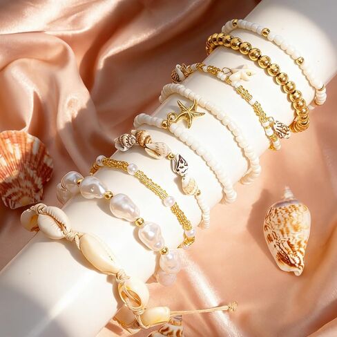 Boho Beach Bracelets Set for Women Shell Beaded Stretch Bracelets Multilayer Seashell Starfish Handmade Summer Jewelry Stackable Gold Plated Beads Bracelet for Vacation in Saudi Arabia