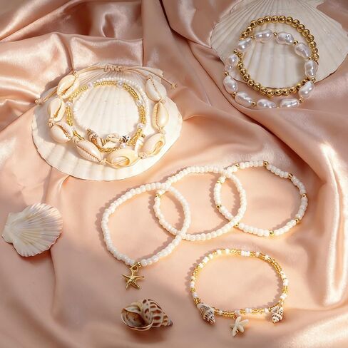 Boho Beach Bracelets Set for Women Shell Beaded Stretch Bracelets Multilayer Seashell Starfish Handmade Summer Jewelry Stackable Gold Plated Beads Bracelet for Vacation in Saudi Arabia