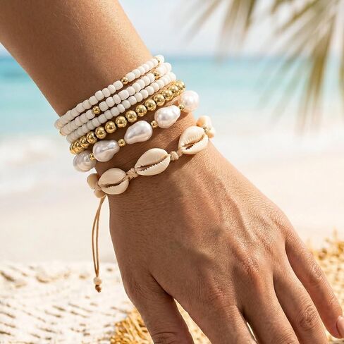 Boho Beach Bracelets Set for Women Shell Beaded Stretch Bracelets Multilayer Seashell Starfish Handmade Summer Jewelry Stackable Gold Plated Beads Bracelet for Vacation in Saudi Arabia
