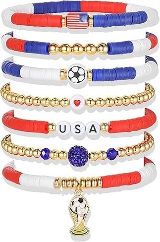 2026 World Soccer Game-day Cup Bracelet Set Stack-able Bracelets 7-Pack Stretchy Handmade Bracelets with Soccer Beads Golden Crystal Accents Wear 2026 Soccer Fan Jewelry-pty in Kuwait