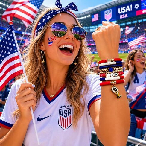 2026 World Soccer Game-day Cup Bracelet Set Stack-able Bracelets 7-Pack Stretchy Handmade Bracelets with Soccer Beads Golden Crystal Accents Wear 2026 Soccer Fan Jewelry-pty in Kuwait