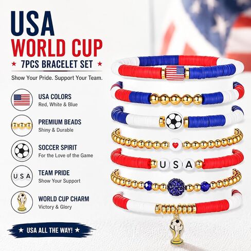2026 World Soccer Game-day Cup Bracelet Set Stack-able Bracelets 7-Pack Stretchy Handmade Bracelets with Soccer Beads Golden Crystal Accents Wear 2026 Soccer Fan Jewelry-pty in Kuwait