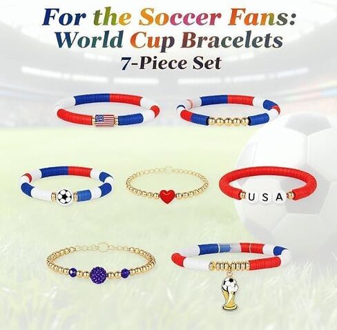 2026 World Soccer Game-day Cup Bracelet Set Stack-able Bracelets 7-Pack Stretchy Handmade Bracelets with Soccer Beads Golden Crystal Accents Wear 2026 Soccer Fan Jewelry-pty in Kuwait