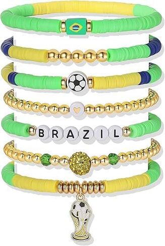 2026 World Soccer Game-day Cup Bracelet Set Stack-able Bracelets 7-Pack Stretchy Handmade Bracelets with Soccer Beads Golden Crystal Accents Wear 2026 Soccer Fan Jewelry-pty in Kuwait