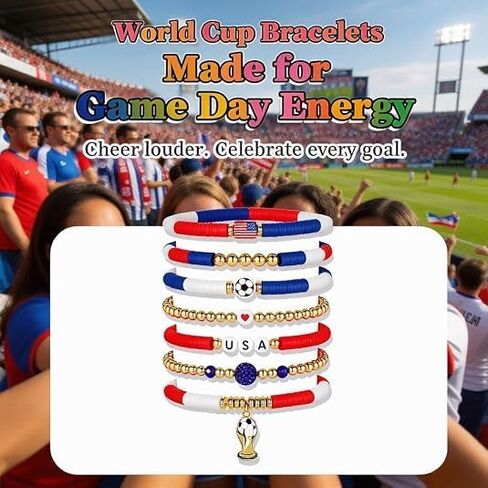 2026 World Soccer Game-day Cup Bracelet Set Stack-able Bracelets 7-Pack Stretchy Handmade Bracelets with Soccer Beads Golden Crystal Accents Wear 2026 Soccer Fan Jewelry-pty in Kuwait