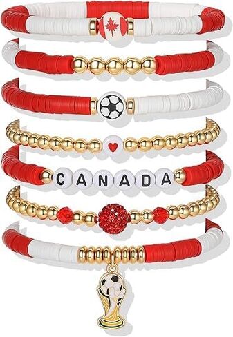 2026 World Soccer Game-day Cup Bracelet Set Stack-able Bracelets 7-Pack Stretchy Handmade Bracelets with Soccer Beads Golden Crystal Accents Wear 2026 Soccer Fan Jewelry-pty in Kuwait