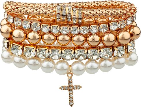NICOLE MILLER Fashion Jewelry Bracelet Set, 5 Piece, Gold Tone, Faux Pearl and Rhinestone, Cross Charm in Saudi Arabia