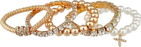 NICOLE MILLER Fashion Jewelry Bracelet Set, 5 Piece, Gold Tone, Faux Pearl and Rhinestone, Cross Charm in Saudi Arabia