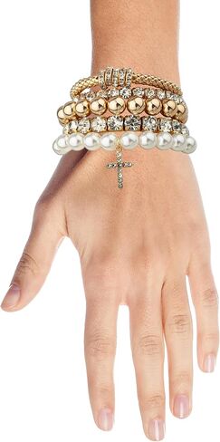 NICOLE MILLER Fashion Jewelry Bracelet Set, 5 Piece, Gold Tone, Faux Pearl and Rhinestone, Cross Charm in Saudi Arabia