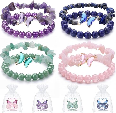 Kingdder 4 Set Butterfly Bracelets for Women Healing Crystals Natural Stone Bead Bracelets with Cards Bags 8mm Stretch Jewelry Amethyst Birthday Graduation Gifts in Kuwait