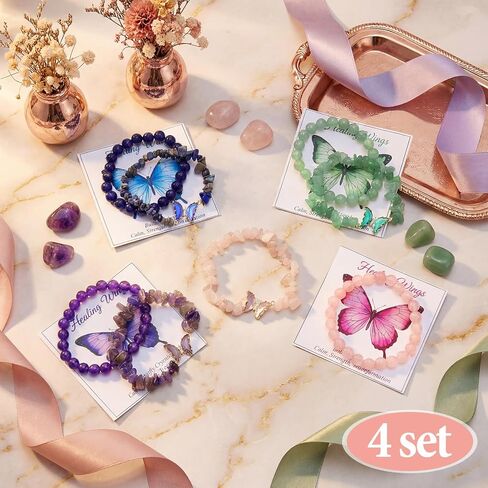 Kingdder 4 Set Butterfly Bracelets for Women Healing Crystals Natural Stone Bead Bracelets with Cards Bags 8mm Stretch Jewelry Amethyst Birthday Graduation Gifts in Kuwait