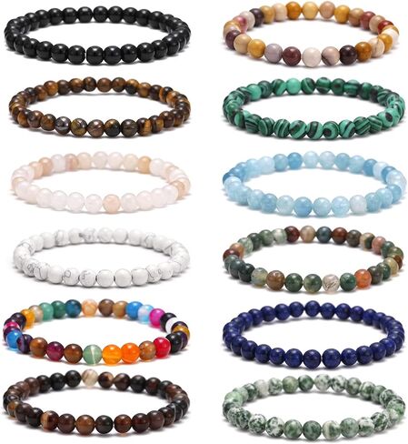 12Pcs 4MM/6MM/8MM Semi-Precious Gemstone Bracelet Set Healing Agate Tiger Eye Mookaite Natural Stone Stretch Bracelets for Men Women Round Beaded Elastic Bracelets (bra000040) in Saudi Arabia