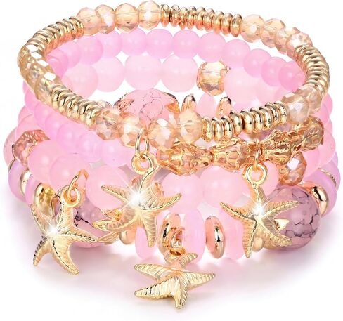 Kakonia 4Pcs Boho Bracelets for Women Stackable Beaded Stretch Bracelet Set Trendy Bohemian Butterfly Starfish Sacred Tree Heart Charms Layered Bracelet Stack Summer Beach Jewelry Gifts in Saudi Arabia