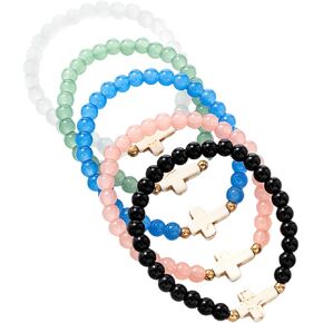 5Pcs Set Cross Beaded Crystal Turquoise Colorful Stretch Bracelet Christian Matching Strand Bracelet for Women Holiday Bohemian Boho Jewelry Multilayered Handmade in Saudi Arabia