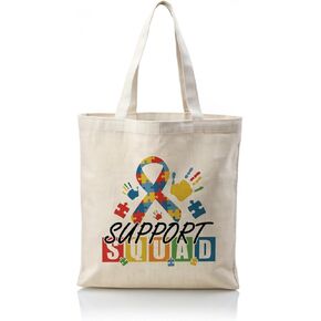 Autism Support Squad Tote Bag, Puzzle Ribbon Awareness Canvas Bag with Colorful Handprints, Reusable Grocery Bags for Travel Beach Shopping Work, Autism Advocate Gift in Kuwait