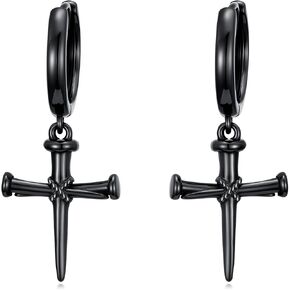 YYB Black Hoop Earrings for Men Women 925 Sterling Silver Cross/Feather/Sword/Nail/Arrow/Axe/Viking Raven/Thors Hammer/Star of David Dangle Earrings Gothic Jewelry Gifts in Saudi Arabia