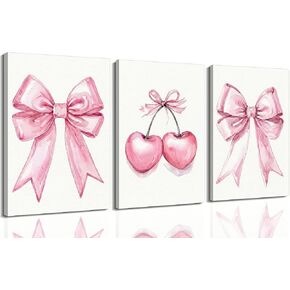 GDDXLM 3 Pcs Pink Bow Poster Wall Art,Trendy Preppy Painting Picture Wall Decor,Fashion Cherry Canvas Print Artwork,for Dorm Bedroom Living Room Girls Room Home Decoration,Unframed 12x16inch in Saudi Arabia