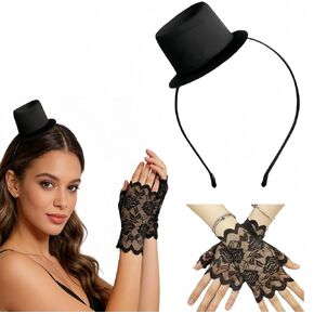 Mini Cowboy Top Hat Headband with Black Lace Gloves,Stylish Costume Accessory for Parties Weddings and Cosplay, Men and Women Black Top Hat Hairband Accessories in Saudi Arabia