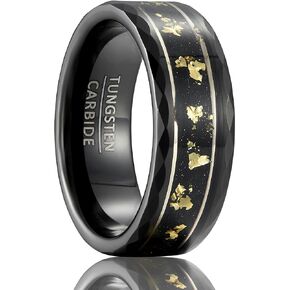 8mm Tungsten Wedding Band, Gallery Inlay with Gold Leaf on Sand Texture, Geometric Cut Sides in Saudi Arabia