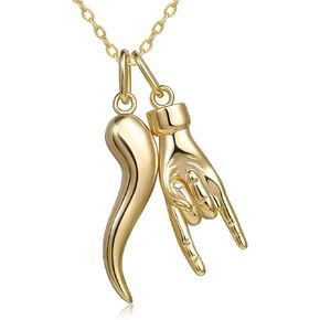 Italian Horn Hand Necklace for women 14K Gold Plated Cornicello and Mano Cornuto Good Luck Double Protection Amulet Pendant Jewelry Gift for Wife Her Girlfriend Mom Anniversary Birthday in Saudi Arabia