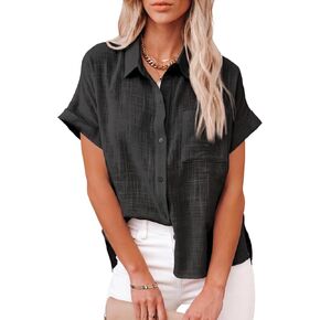 LUSMAY Women's Short Sleeve Button-Down Shirt, Collared Blouse with Chest Pocket, Side Slit, White and Black in Saudi Arabia