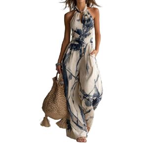 Women Sexy Jumpsuits Halter Neck Backless Ink Printed Sleeveless Wide Leg Jumpsuits Vacation Outfits in Saudi Arabia