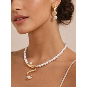 Elegant Pearl Necklace and Earrings Set for Women, Gold Wave Design, Rhinestone Accents, Fashion Statement Choker Jewelry Set, Bridal & Party Gift, Adjustable Pearl Chain in Kuwait