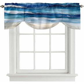Navy Blue Coastal Beach Tie Up Valances for Windows, Summer Nautical Adjustable Short Window Treatment, Ocean Sea Ombre Art Rod Pocket Kitchen Curtains Drapes for Bedroom/Living Room/Cafe 54"x18" in Saudi Arabia