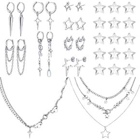 25 Pcs Y2k Silver Star Jewelry Set for Women Goth Grunge Punk Earrings Layered Necklace Hair Clips Tassel Chain Drop Star Hoops Gift in Saudi Arabia