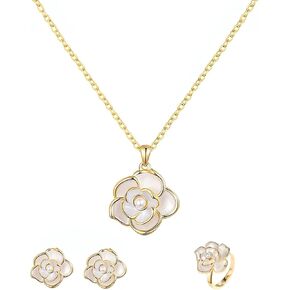 3 PCS Flower Earrings Necklace Rings Set for Women Gold Rose Flower Pendant Necklace Dainty Pearl Floral Stud Earrings Set Adjustable Pearl Floral Statement Rings Costume Prom Jewelry Accessories in Saudi Arabia